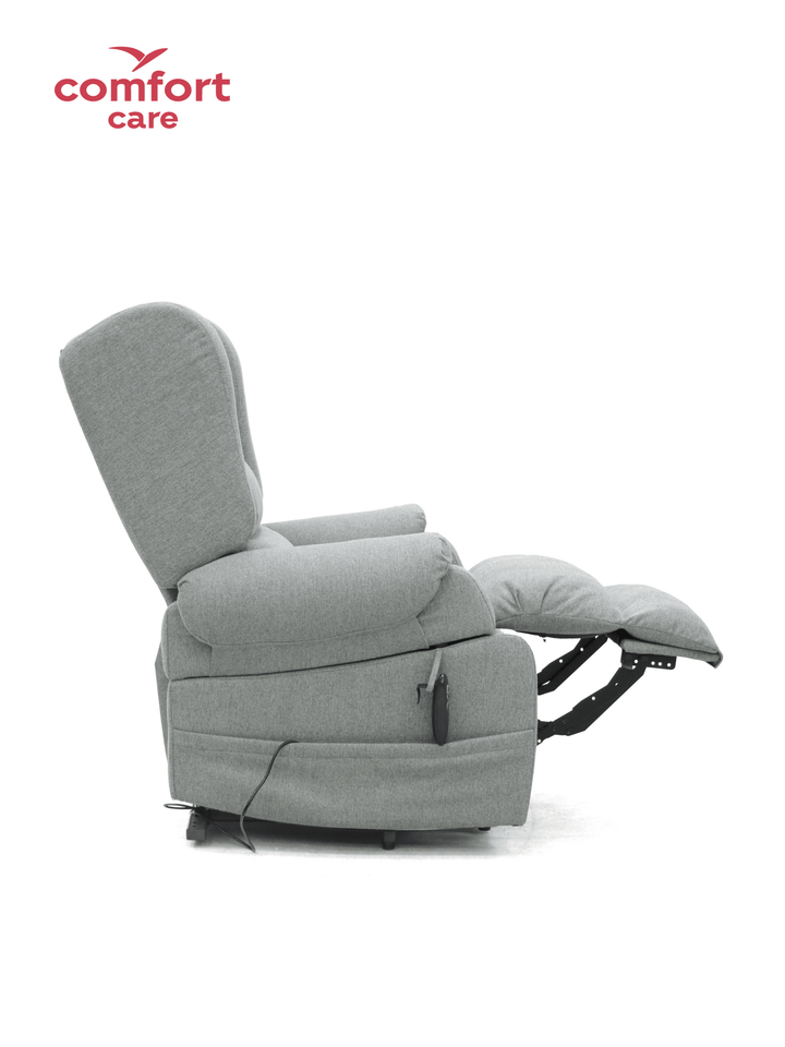 Pinnacle Comfort Care Viva 2 Motor Power Lift Recliner in a cozy living room setting, showcasing its plush upholstery and recline feature.