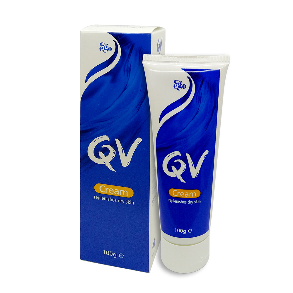 Ego QV Cream skin care product in a white jar with a blue lid, showcasing smooth, creamy texture for hydration and skin nourishment.