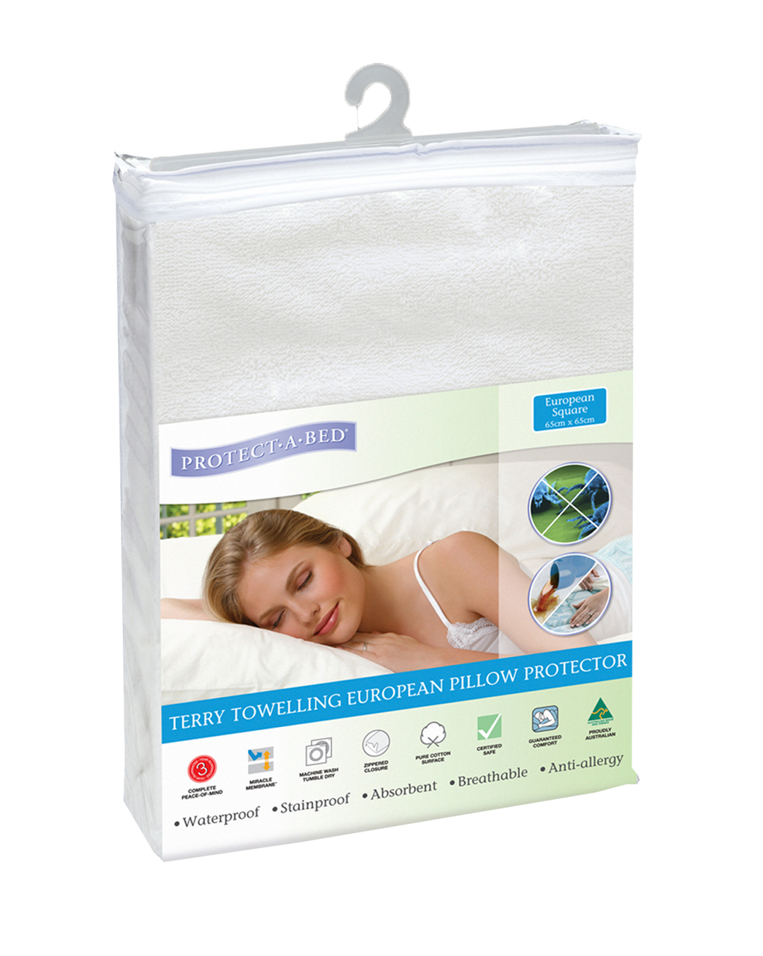 Protect-A-Bed European Manchester pillow protector with soft terry fabric, designed to shield and extend pillow freshness.