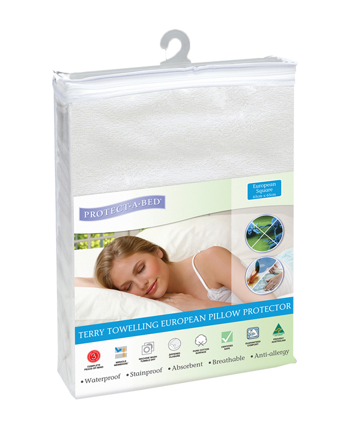 Protect-A-Bed European Manchester pillow protector with soft terry fabric, designed to shield and extend pillow freshness.