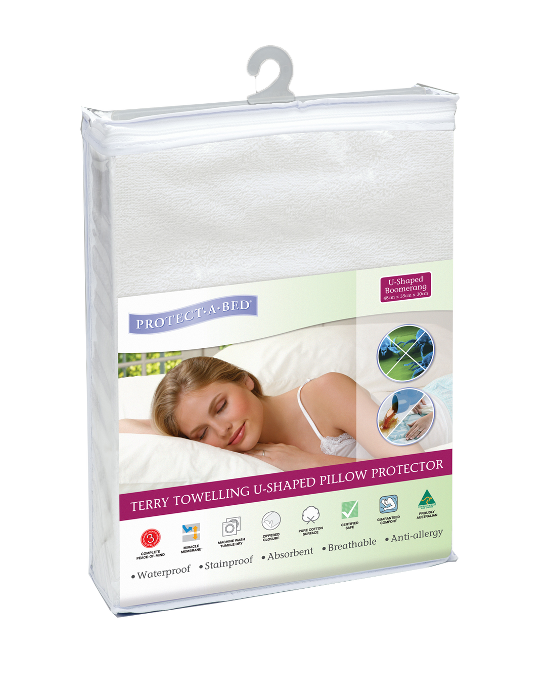 Protect-A-Bed Manchester U-shaped pillow protector with soft terry fabric for comfort and protection.