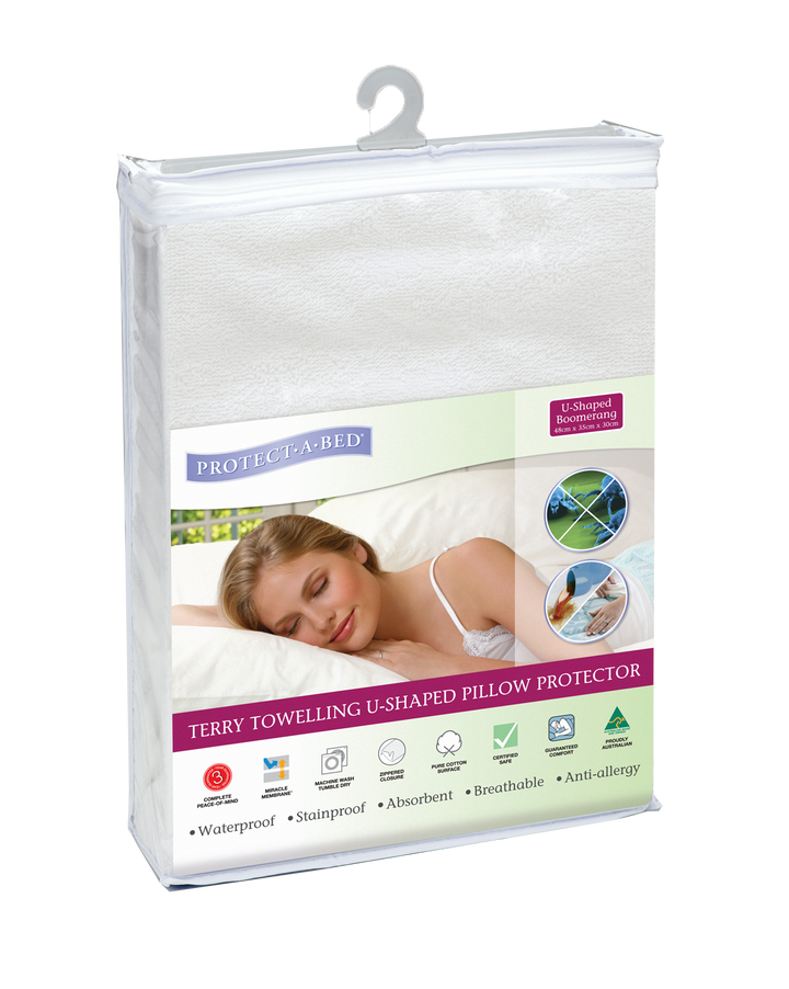 Protect-A-Bed Manchester U-shaped pillow protector with soft terry fabric for comfort and protection.