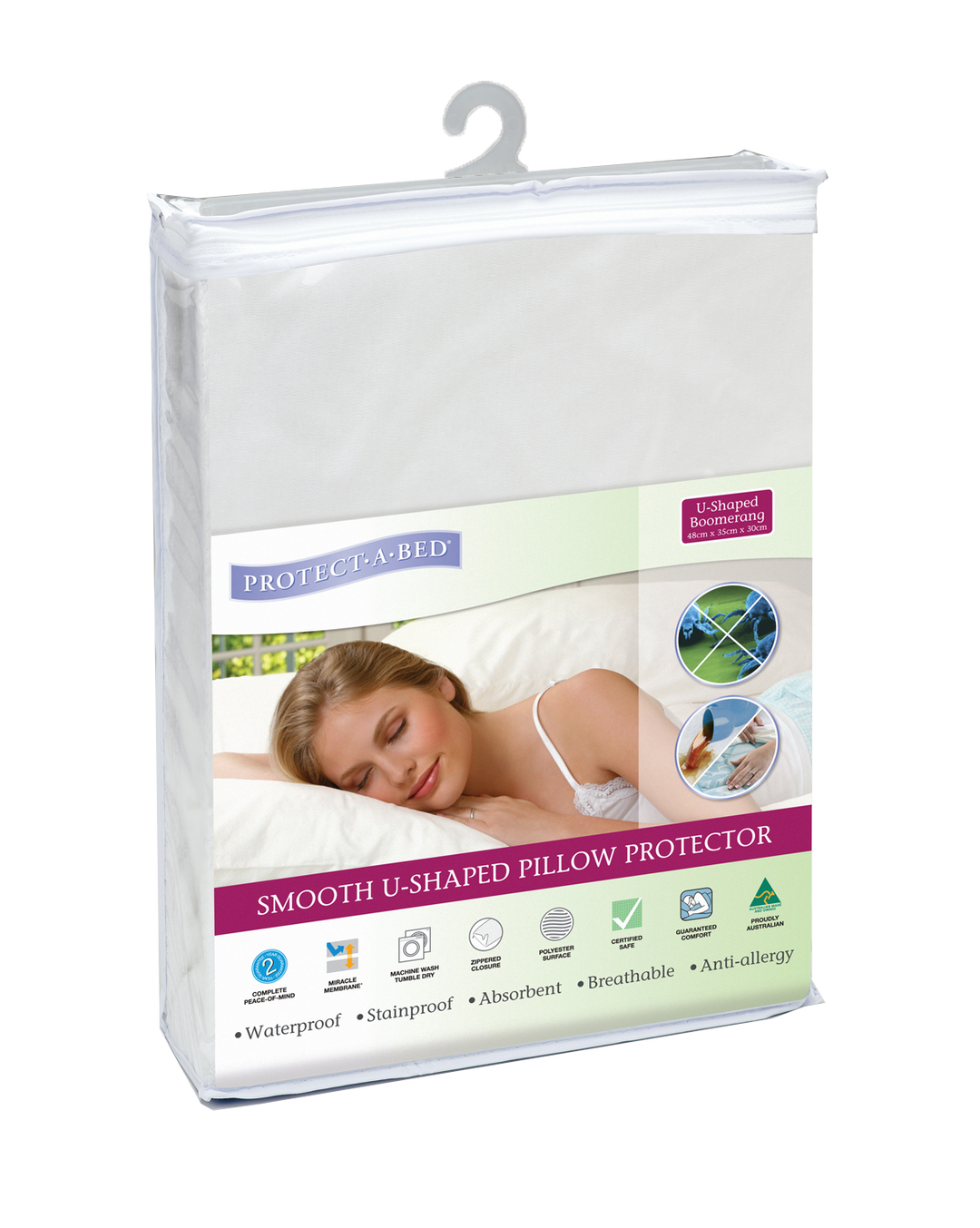 Protect-A-Bed® Manchester U-shaped pillow protector in poly material, designed to fit U-shaped or boomerang pillows.