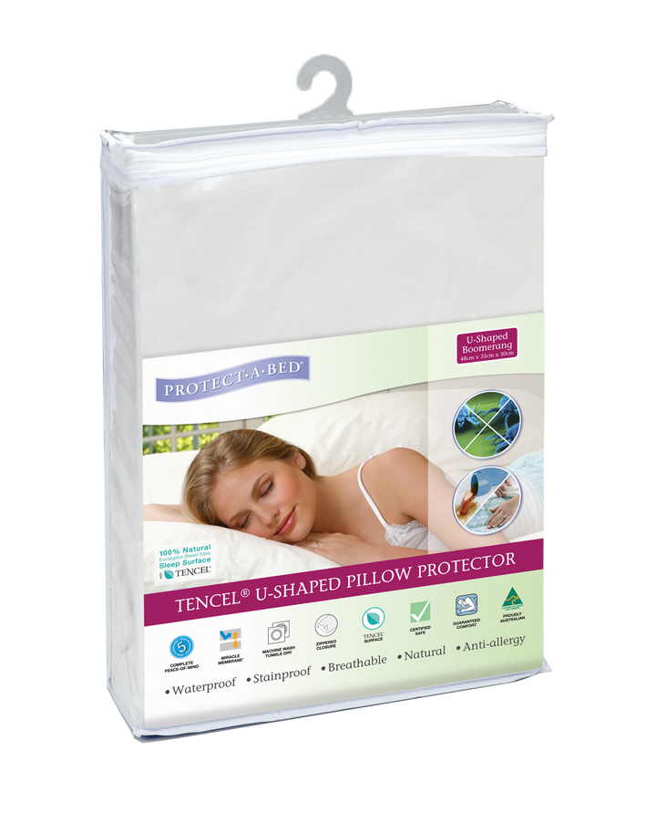 Protect-A-Bed Manchester U-shaped pillow protector made of Tencel fabric, designed to fit U-shaped or boomerang pillows.