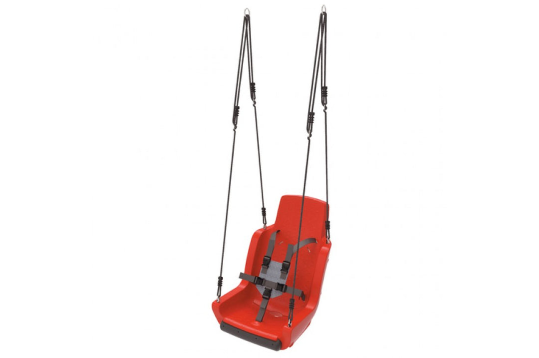 Red special needs swing with safety harness and rope set, designed for inclusive play and support.