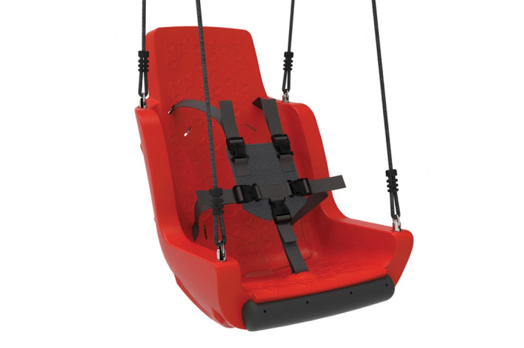 Red special needs swing with safety harness and rope set, designed for safe outdoor play equipment.
