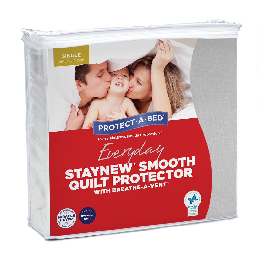 Protect-A-Bed® Satin Smooth quilt protector featuring a sleek design and waterproof fabric, ideal for everyday use.