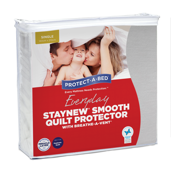Protect-A-Bed® Satin Smooth quilt protector featuring a sleek design and waterproof fabric, ideal for everyday use.