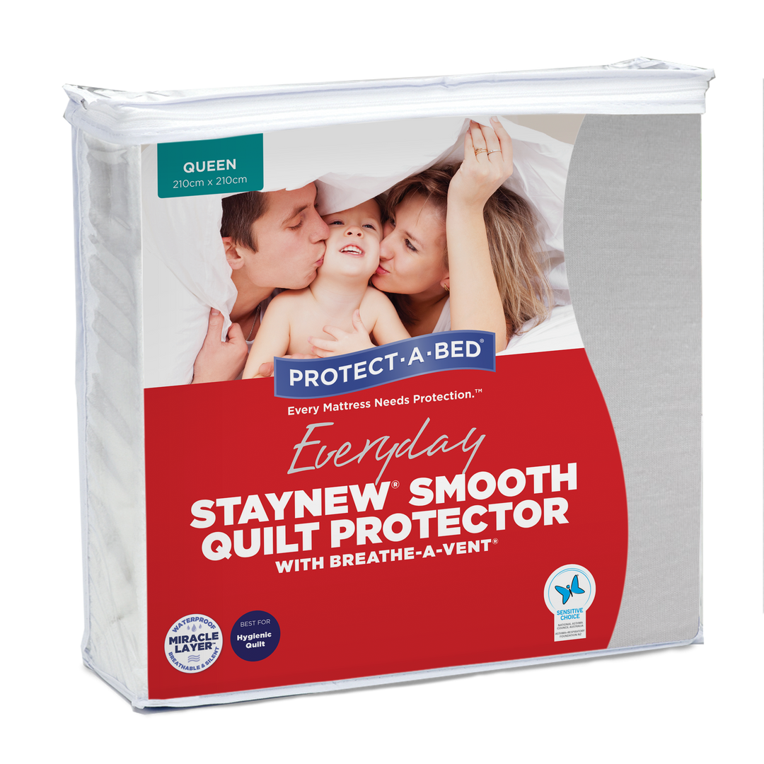 Protect-A-Bed Satin Smooth quilt protector in soft fabric, showcasing waterproof design and Staynew technology for bedding care.