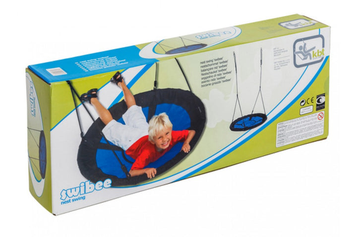 Black and green Nest Swing 'SWIBEE' with adjustable ropes, designed for sensory play, shown in packaging.