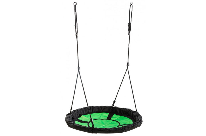 Black and green Nest Swing 'SWIBEE' with adjustable ropes, designed for sensory play and relaxation.