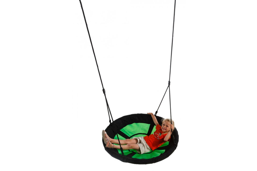 Nest swing 'SWIBEE' in black and green with adjustable ropes, designed for sensory play and comfort.
