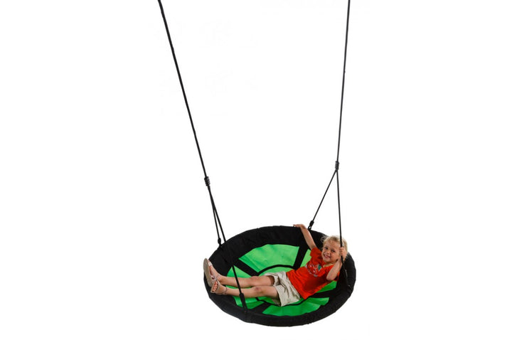 Nest swing 'SWIBEE' in black and green with adjustable ropes, designed for sensory play and comfort.