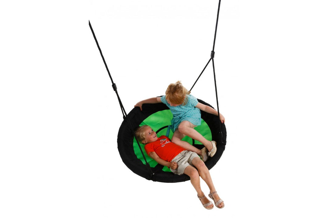 Nest Swing 'SWIBEE' in black and green with adjustable ropes, designed for sensory play and relaxation.