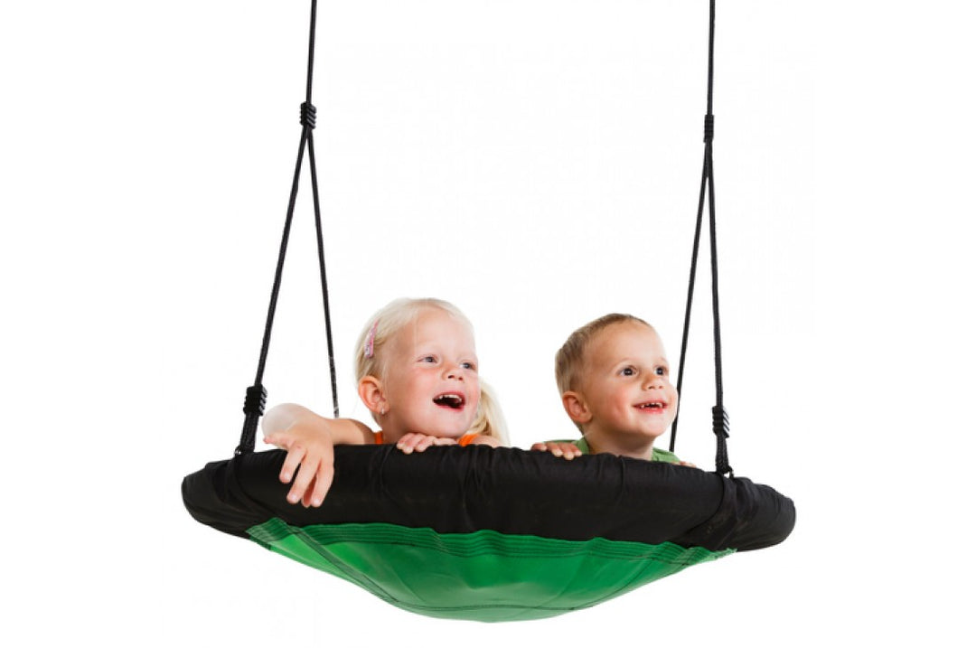 Black and green Nest Swing 'SWIBEE' with adjustable ropes, designed for sensory play and relaxation.