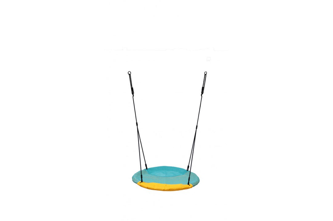 Turquoise and yellow Nest Swing 'WINKOH' with adjustable ropes, designed for sensory play and comfort.