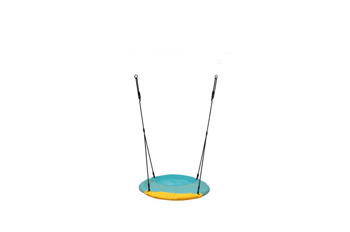 Turquoise and yellow Nest Swing 'WINKOH' with adjustable ropes, designed for sensory play and comfort.