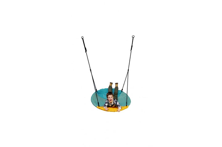 Turquoise and yellow Nest Swing 'WINKOH' with adjustable ropes, designed for sensory play and comfort.