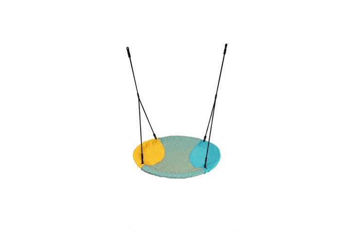 Turquoise and yellow Nest Swing 'WINKOH' with adjustable ropes for sensory play, ideal for children’s play equipment.