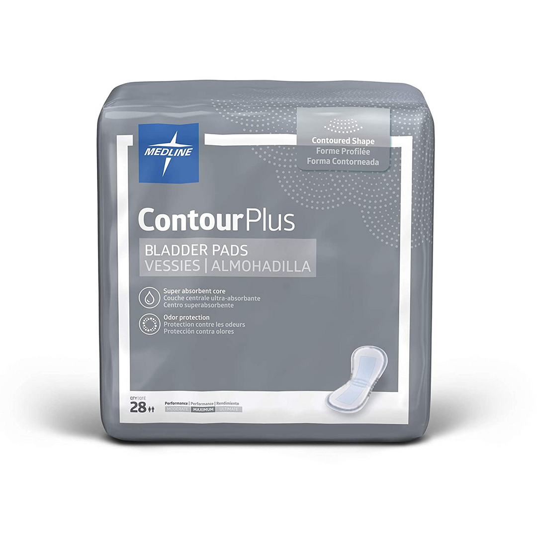 Medline ContourPlus Bladder Pads in a pack, designed for comfort and discreet protection in continence care.