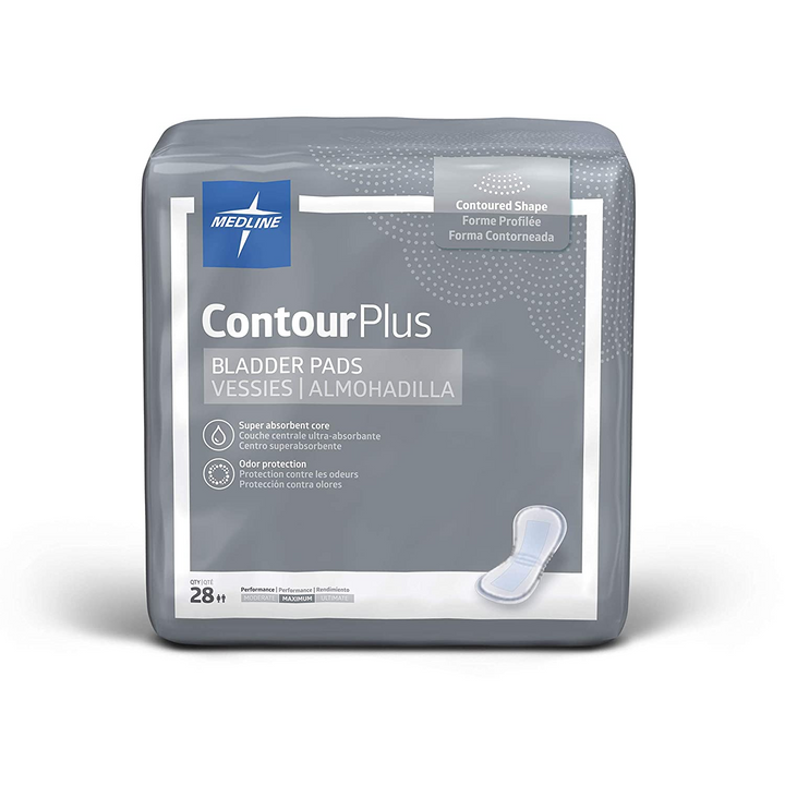 Medline ContourPlus Bladder Pads in a pack, designed for comfort and discreet protection in continence care.