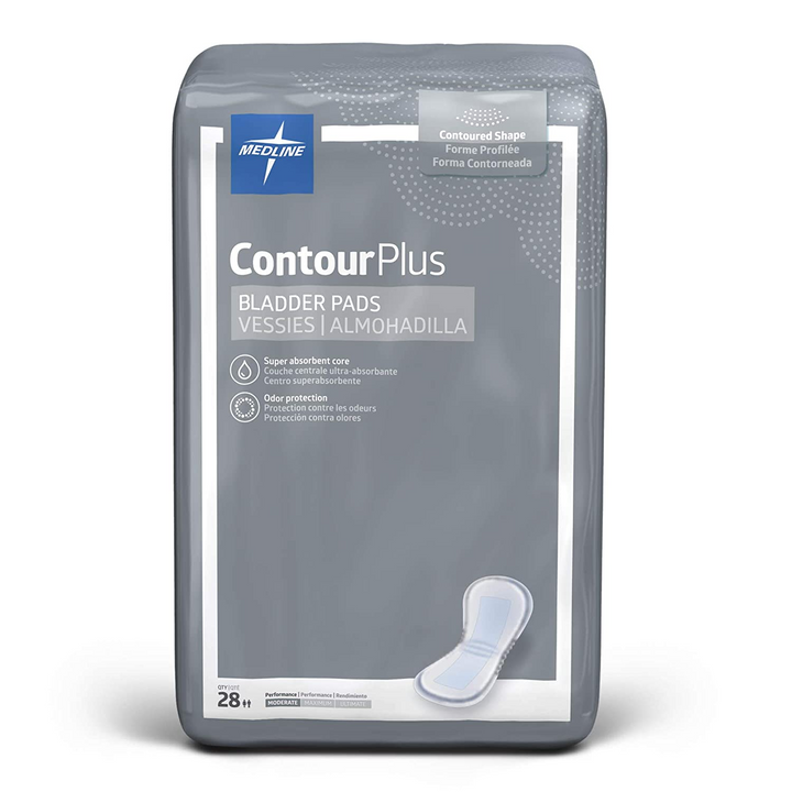 Medline ContourPlus bladder pads in packaging, designed for continence care, showcasing absorbent and contoured shape.