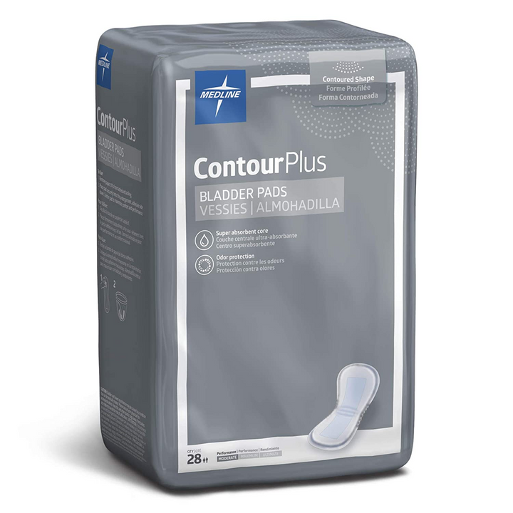 Medline ContourPlus Bladder Pads in packaging, designed for comfort and protection in continence care.