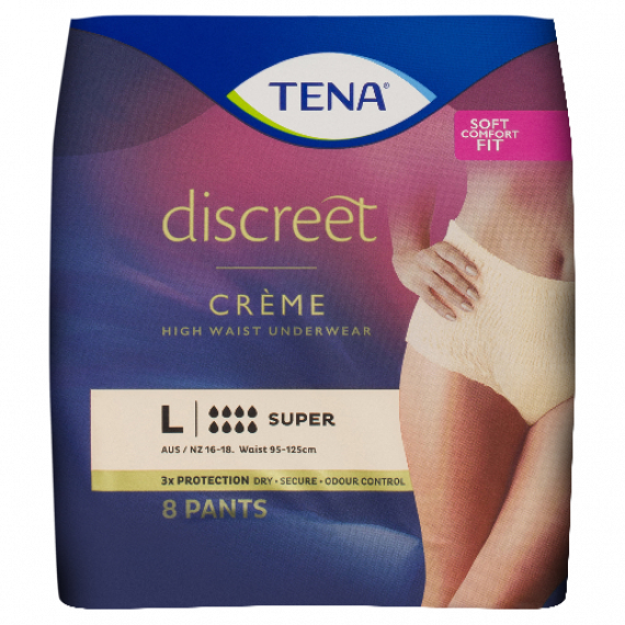 TENA Discreet High Waist Underwear Super Crème in a soft beige color, showcasing a comfortable elastic waistband.