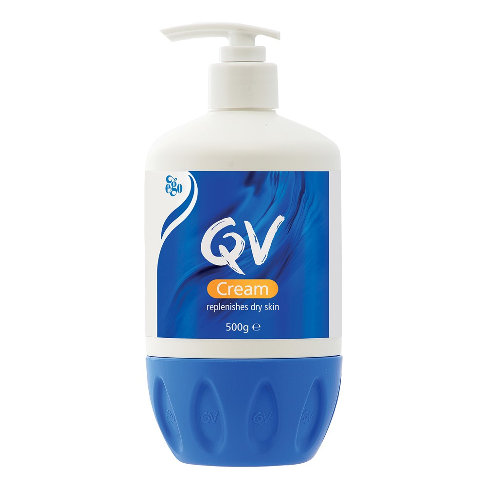 Ego QV Cream skin care product in a white jar with a blue lid, shown on a plain background.