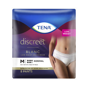 Tena Women's Discreet Low Waist Pants in white, designed for comfort and continence protection.