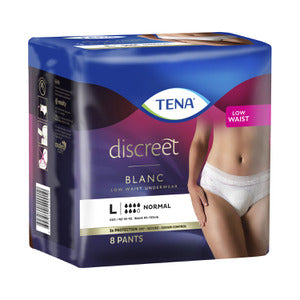 Tena Women's Discreet Low Waist Pants in white, designed for continence protection with a comfortable fit.
