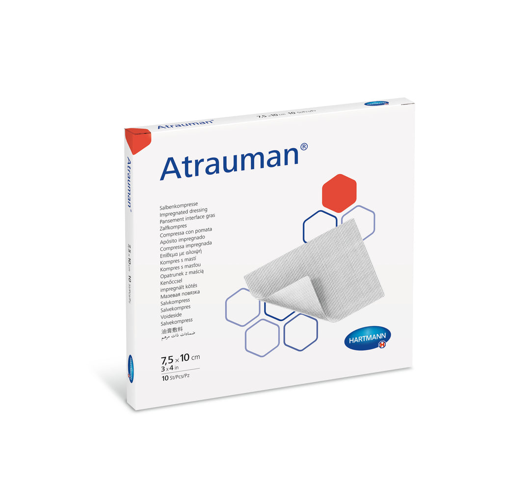 MoliCare Atrauman wound care dressing in 7.5x10 cm size, sterile and designed for wound protection and healing.