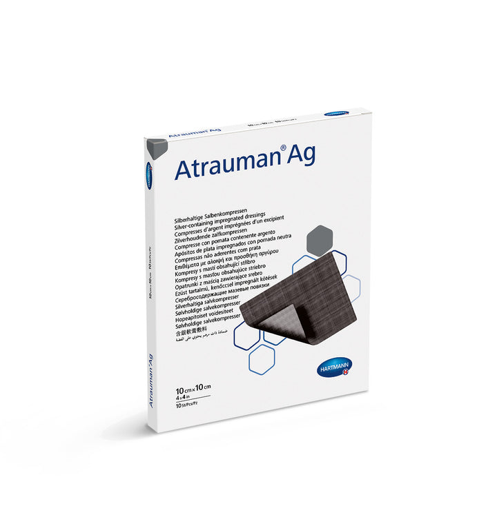 Atrauman Ag wound care dressing by Molicare, 10x10 cm size, featuring a sterile, silver-infused pad for healing.