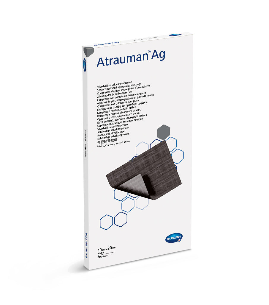 Molicare Atrauman Ag wound care dressing, 10x20 cm size, showcasing its sterile and absorbent design for effective healing.