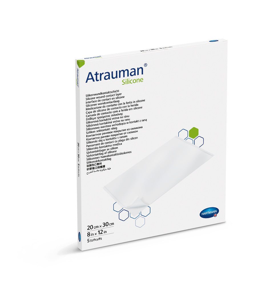 Molicare Atrauman Silicone wound care dressing, showing its soft, flexible surface and size of 20x30 cm.