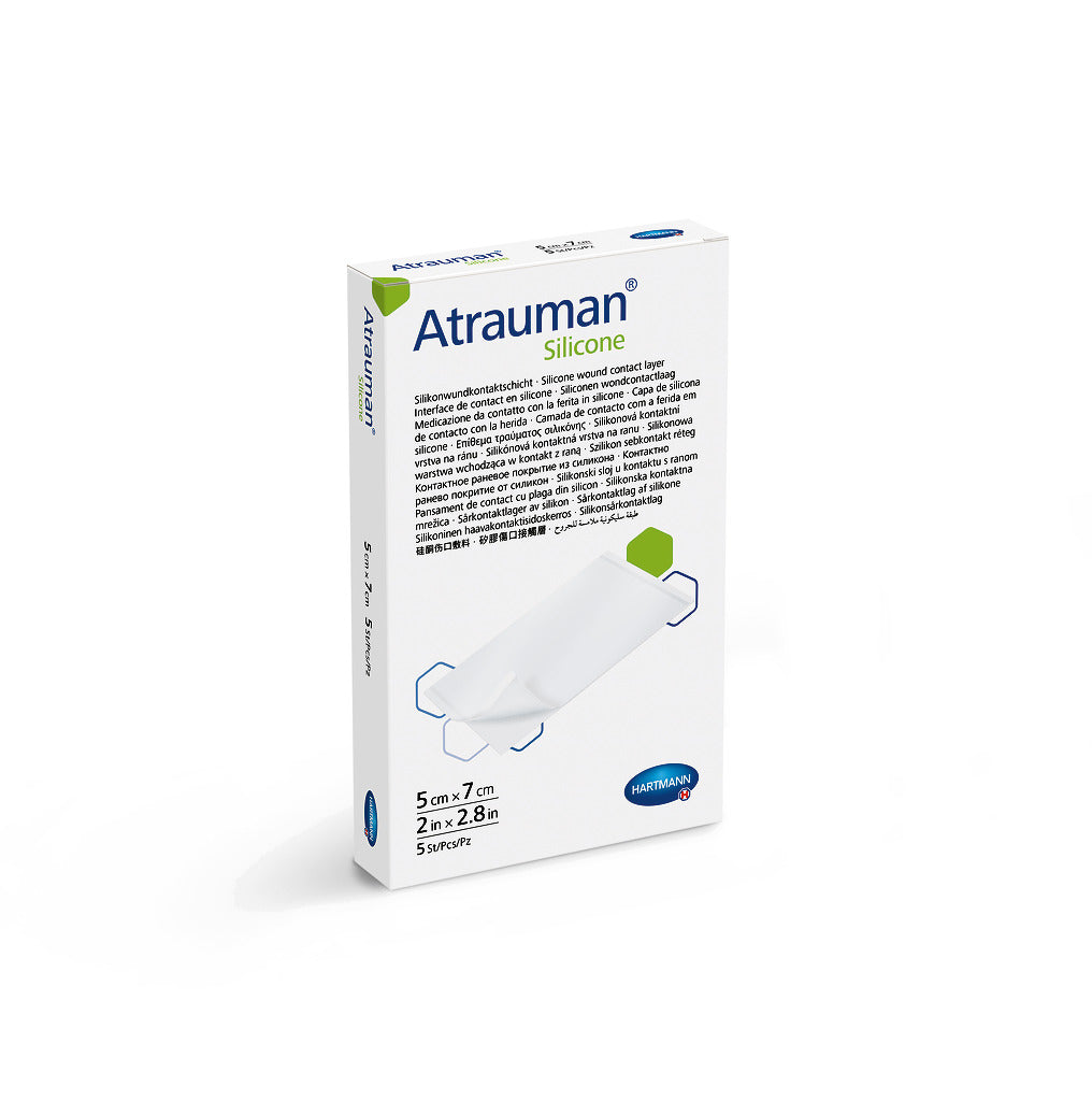Molicare Atrauman Silicone wound care dressing packaged in a 5x7 inch size, showing texture and design details.