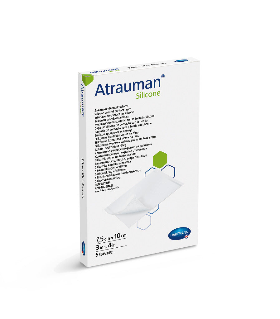 Molicare Atrauman Silicone wound care dressing, 7.5x10 inches, showcasing its soft, flexible silicone surface.