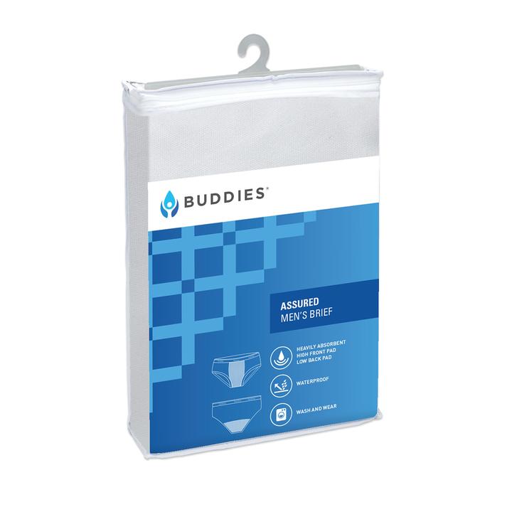 White Buddies Assured Jock Style Low Waisted continence briefs for men, featuring comfortable fit and discreet design.