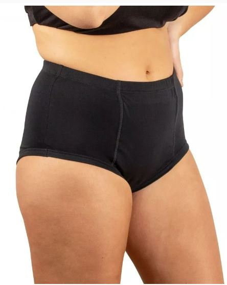 Conni Classic Ladies black continence pad showing soft fabric and absorbent core for discreet protection.