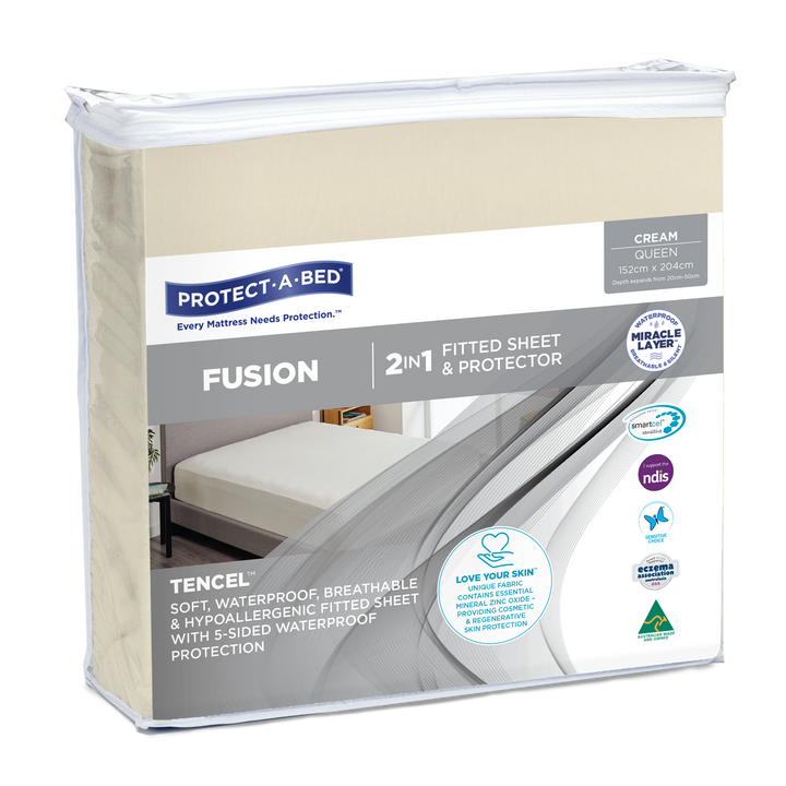 SleepCorp® Protect-A-Bed Fusion 2-in-1 fitted sheet and protector in cream color, showcasing soft fabric and fitted design.