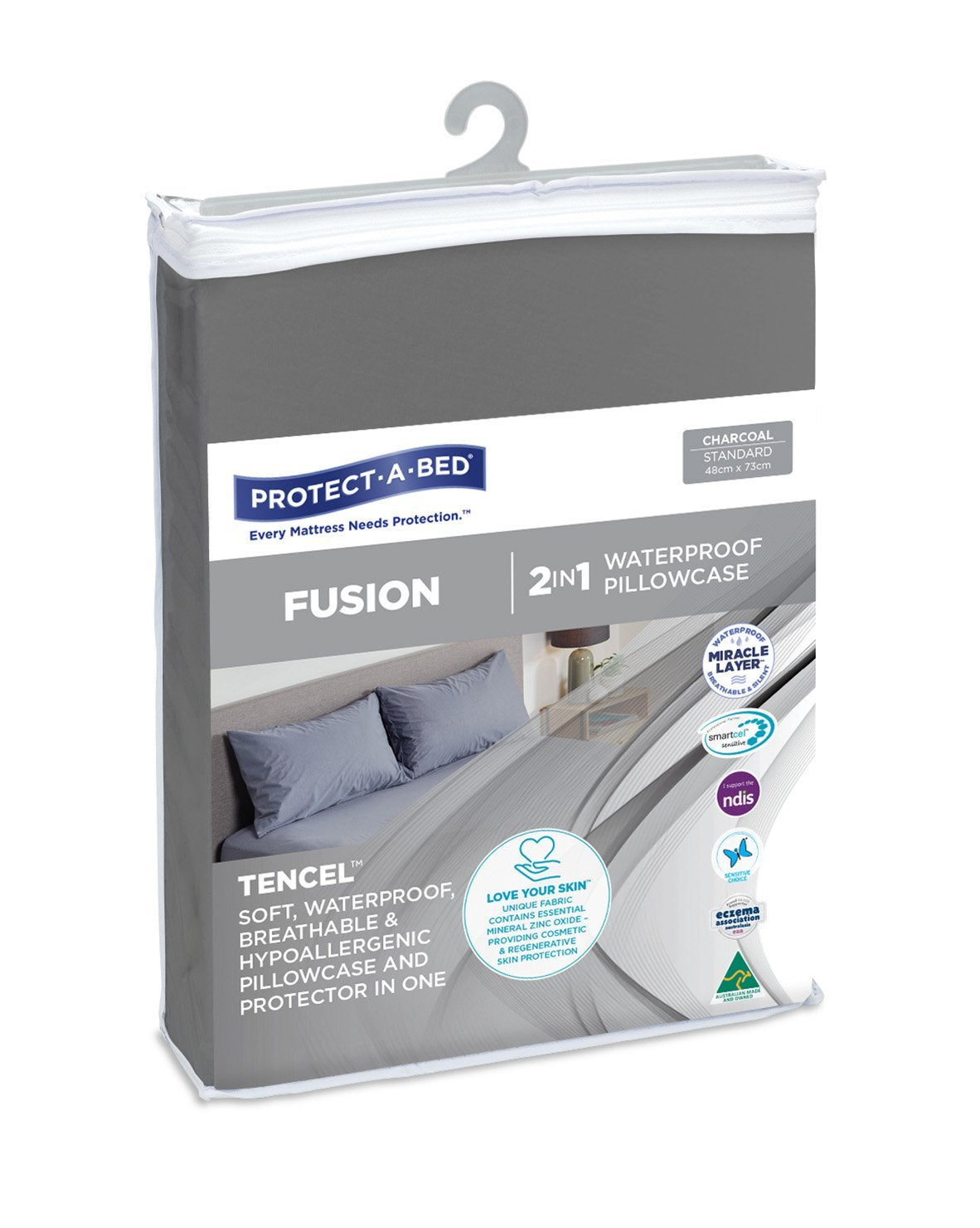 SleepCorp® Protect-A-Bed® Fusion waterproof pillowcases in charcoal, showcasing a standard size design and texture.