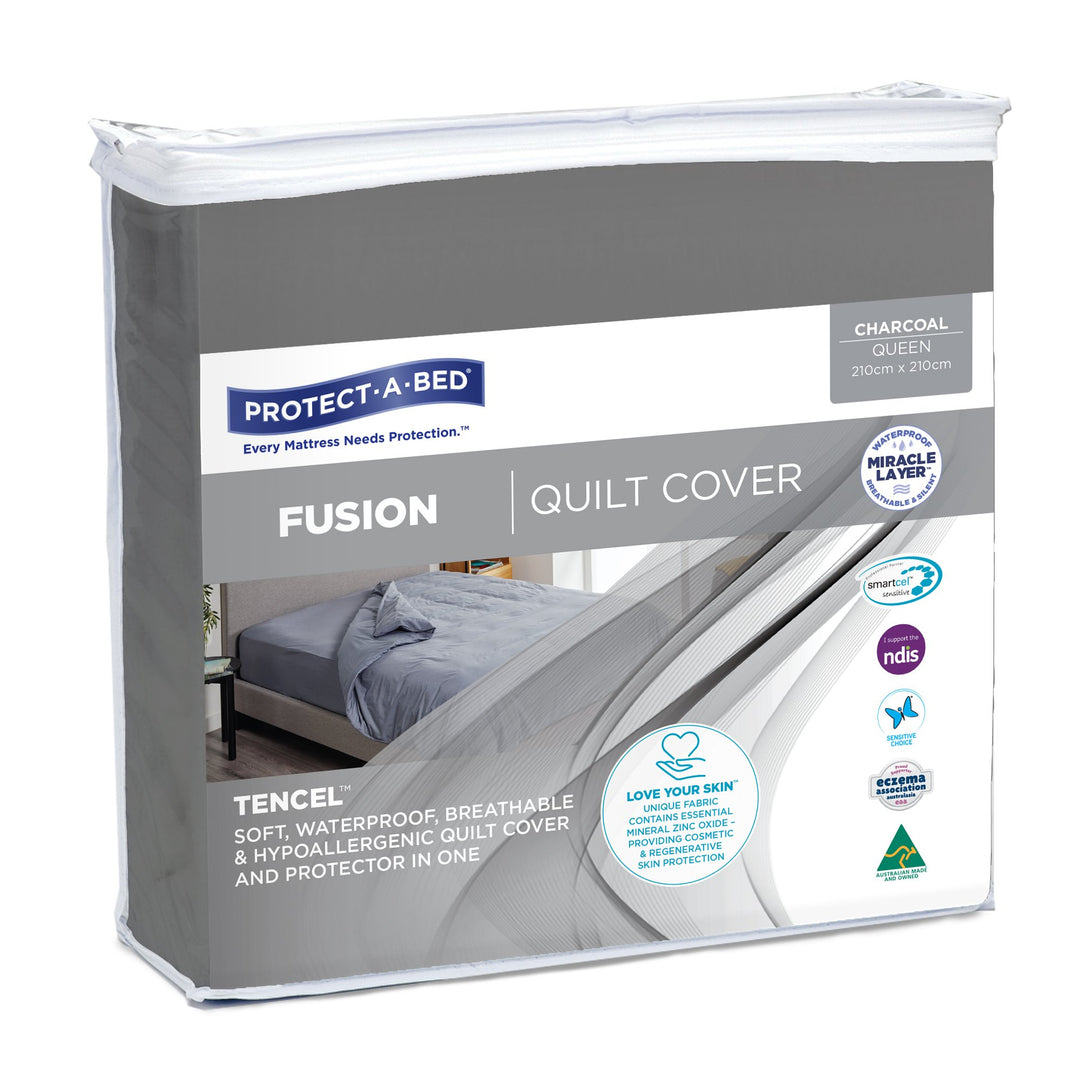 SleepCorp® Fusion waterproof quilt cover in charcoal, showcasing a textured fabric design and sleek, modern style.