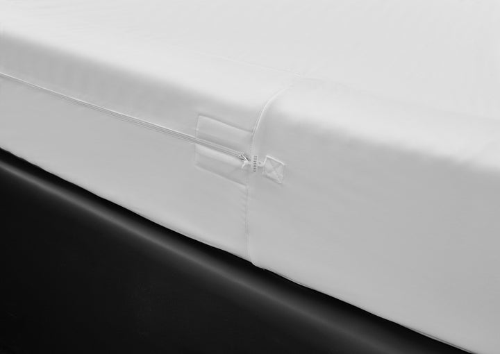 Protect-A-Bed Allerzip fully encased mattress protector in white, showing breathable polyester fabric with zipper closure.