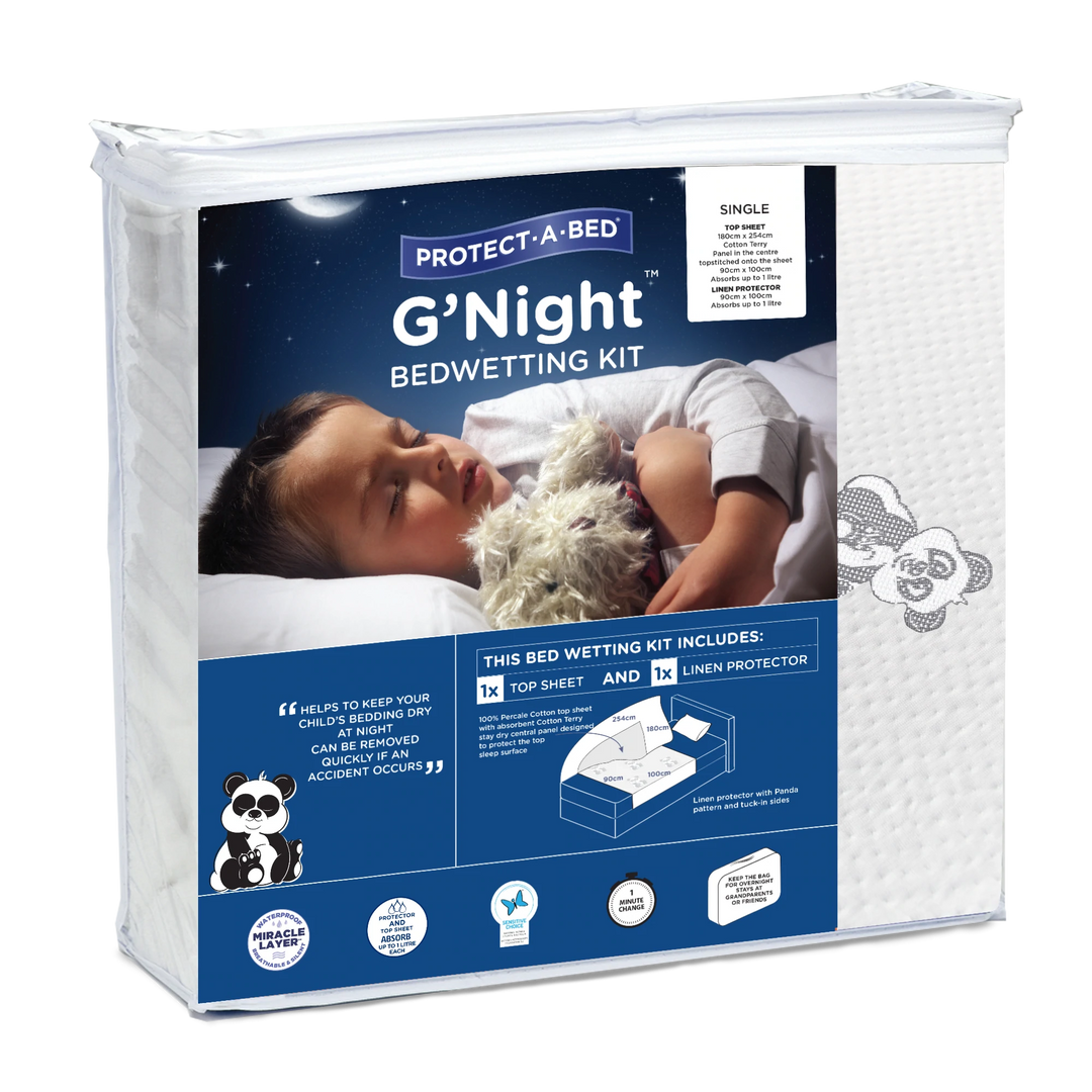 Protect-A-Bed® G'Night Bedwetting Kit featuring waterproof mattress protector and absorbent bed pad.