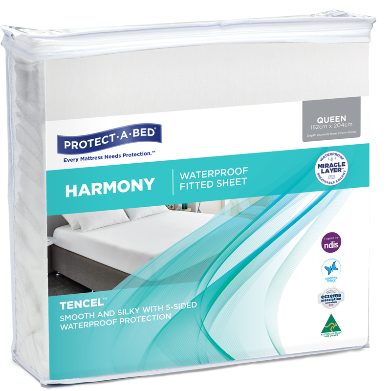 Protect-A-Bed Harmony waterproof fitted sheet protector in white, made of soft Manchester fabric for bed protection.