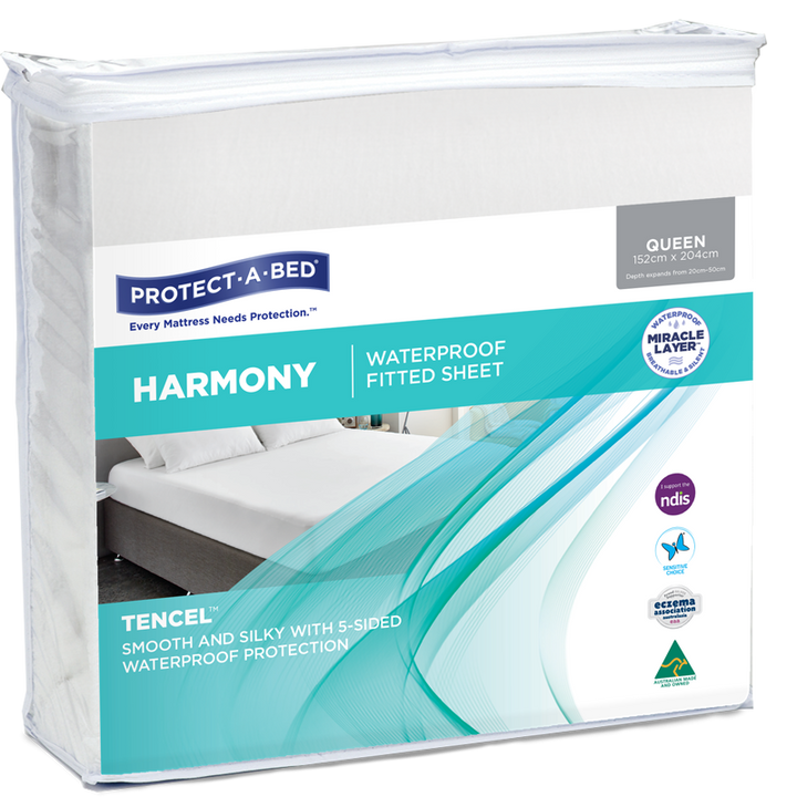 Protect-A-Bed Harmony waterproof fitted sheet protector in white, made of soft Manchester fabric for bed protection.