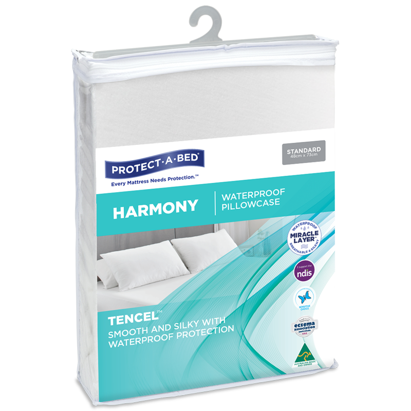 Protect-A-Bed® Harmony waterproof pillow protector shown with a smooth fabric finish and fitted design for standard pillows.