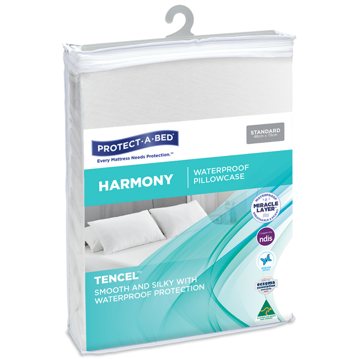 Protect-A-Bed® Harmony waterproof pillow protector shown with a smooth fabric finish and fitted design for standard pillows.