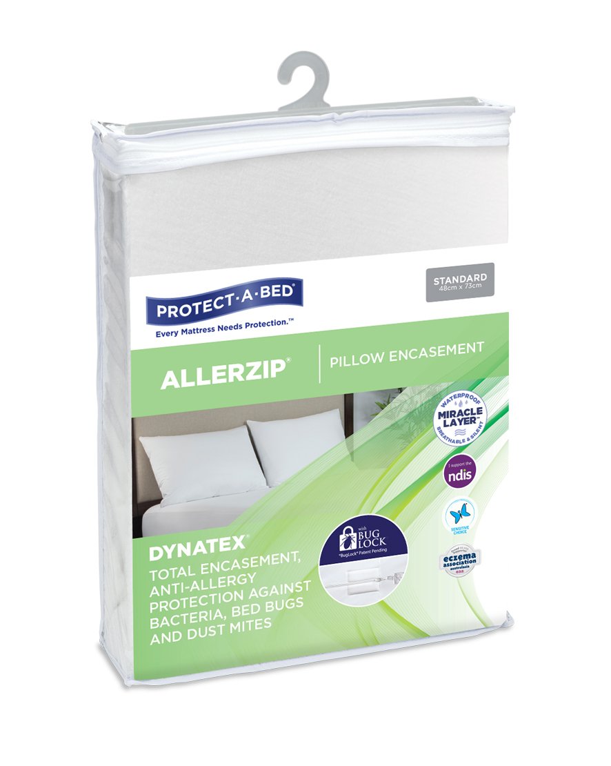 Protect-A-Bed Allerzip fully encased pillow protector in white Manchester fabric, designed for allergy protection and comfort.