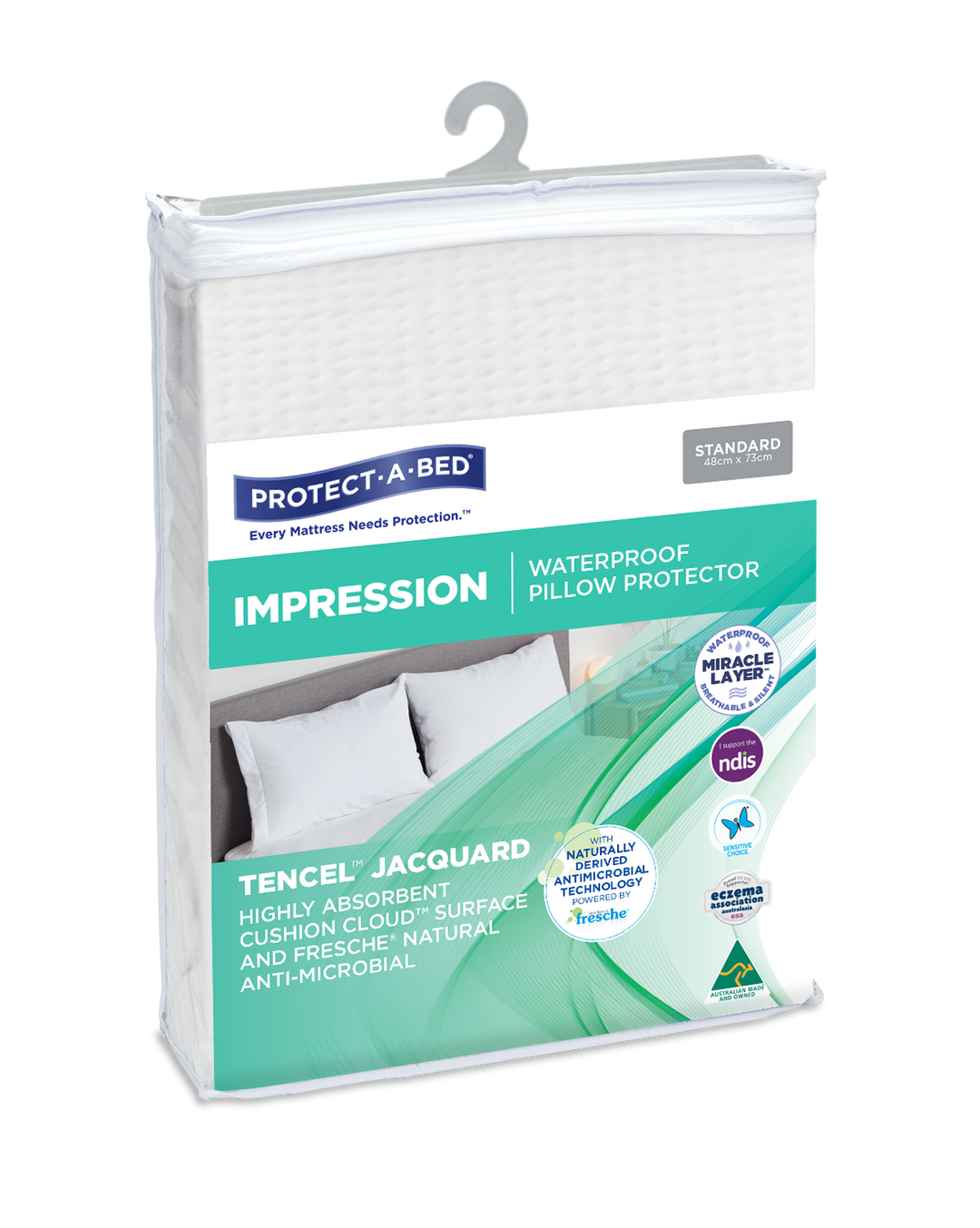 Protect-A-Bed Impression Tencel Jacquard Manchester pillow protector displayed in a standard pack, showcasing soft, durable fabric.